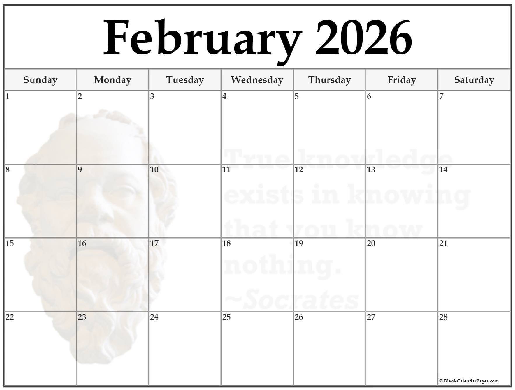 Blank Calendar February 2026