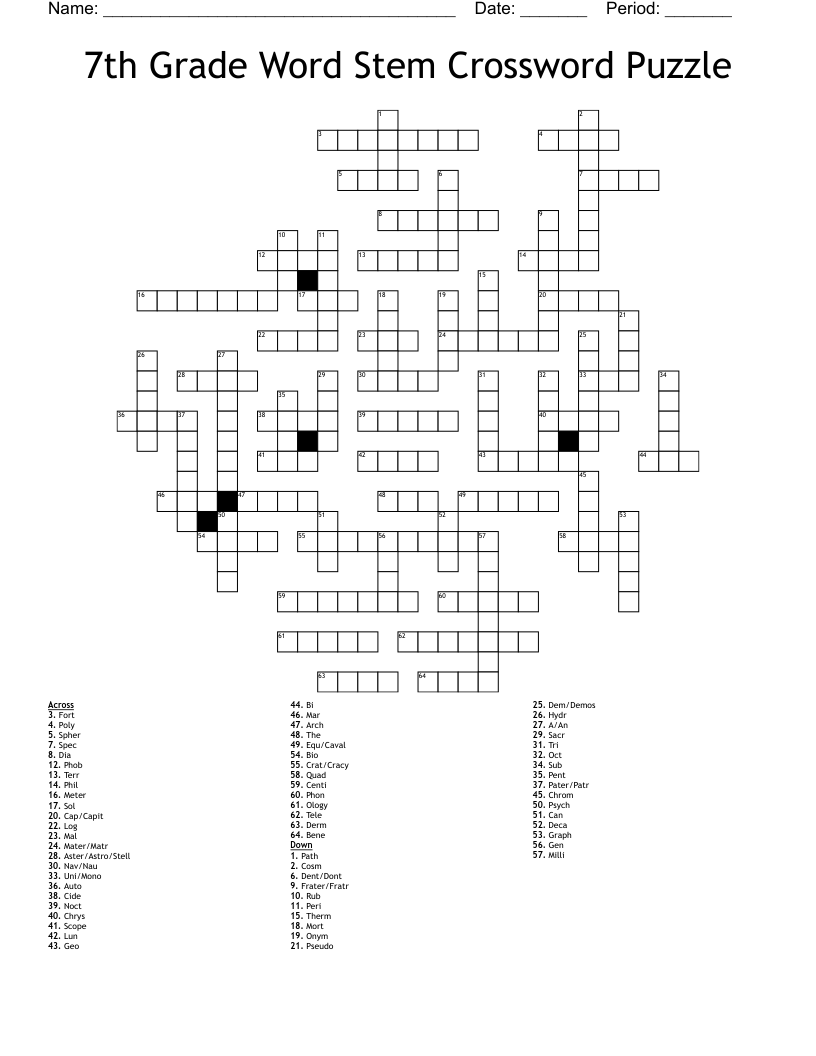 7th Grade Word Stem Crossword Puzzle WordMint