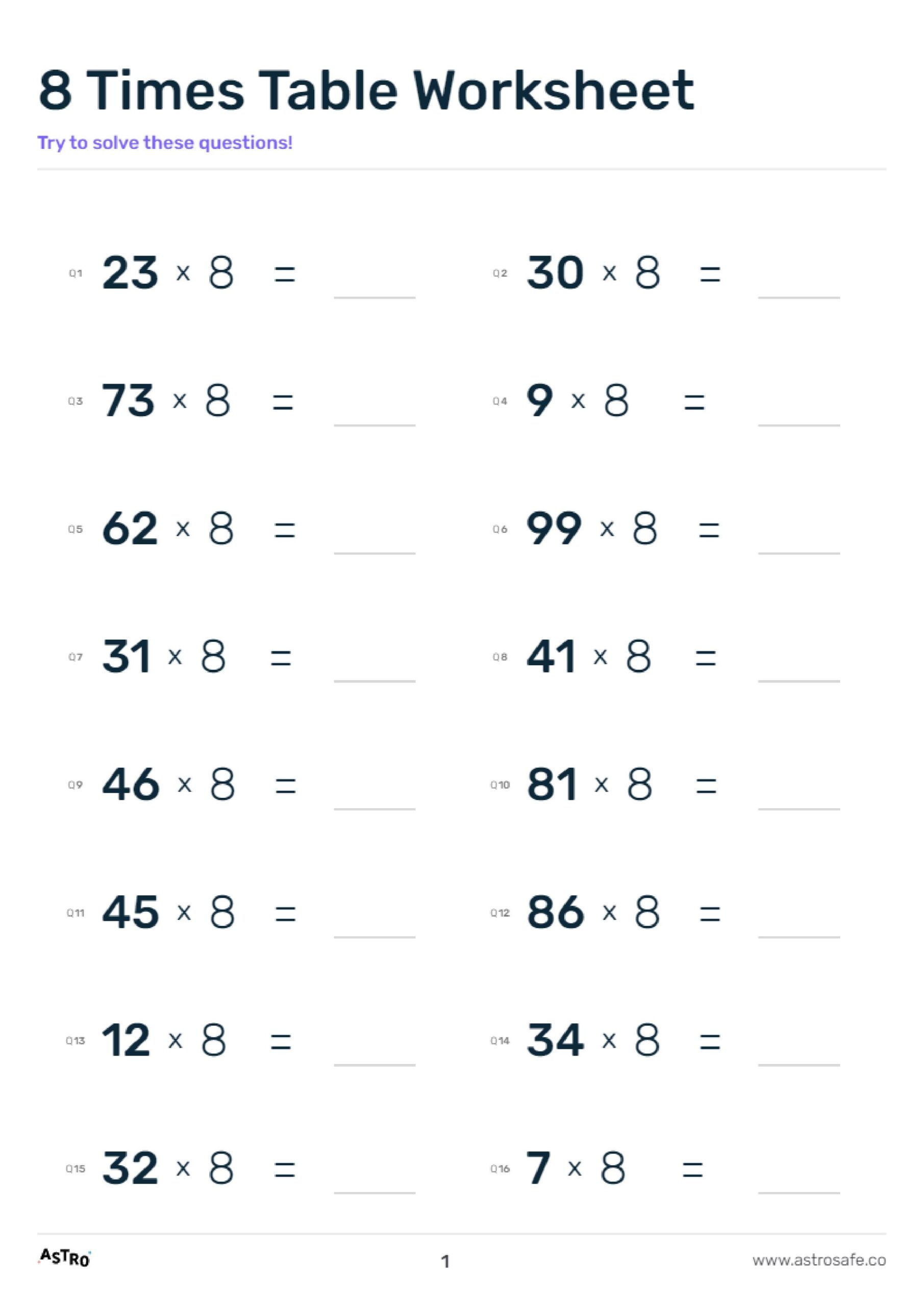 8 Times Table Worksheet Printable