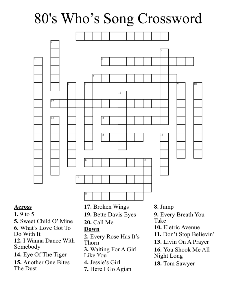 80 s Who s Song Crossword WordMint