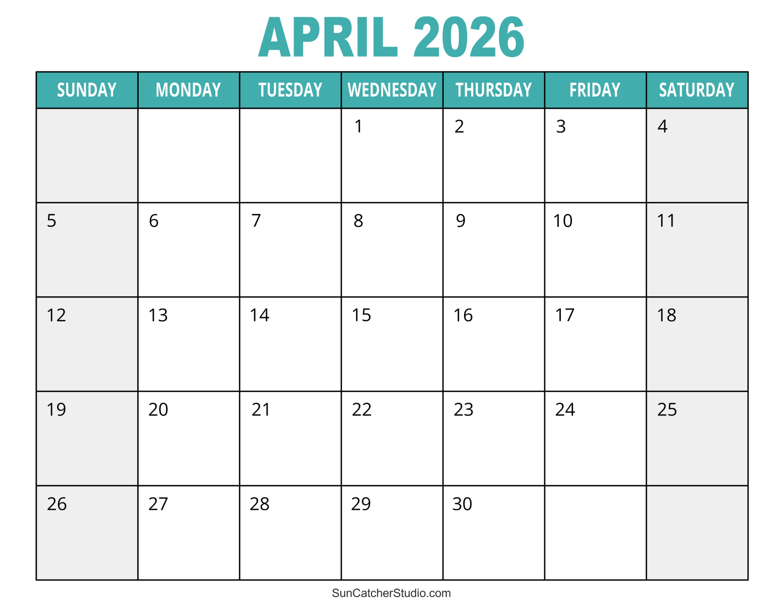 Monthly Blank Calendar 2026 Printable