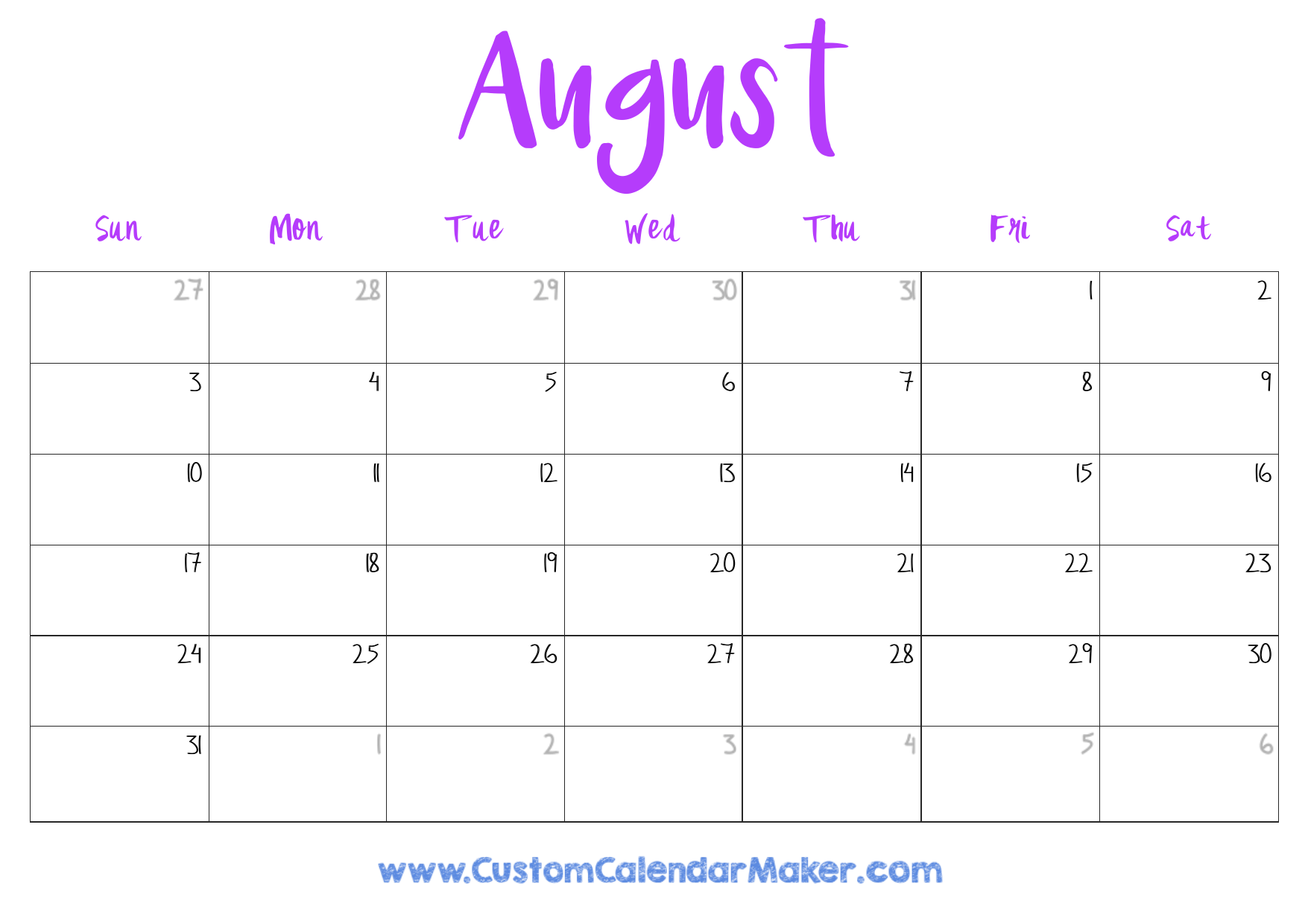 Blank August Printable Calendar