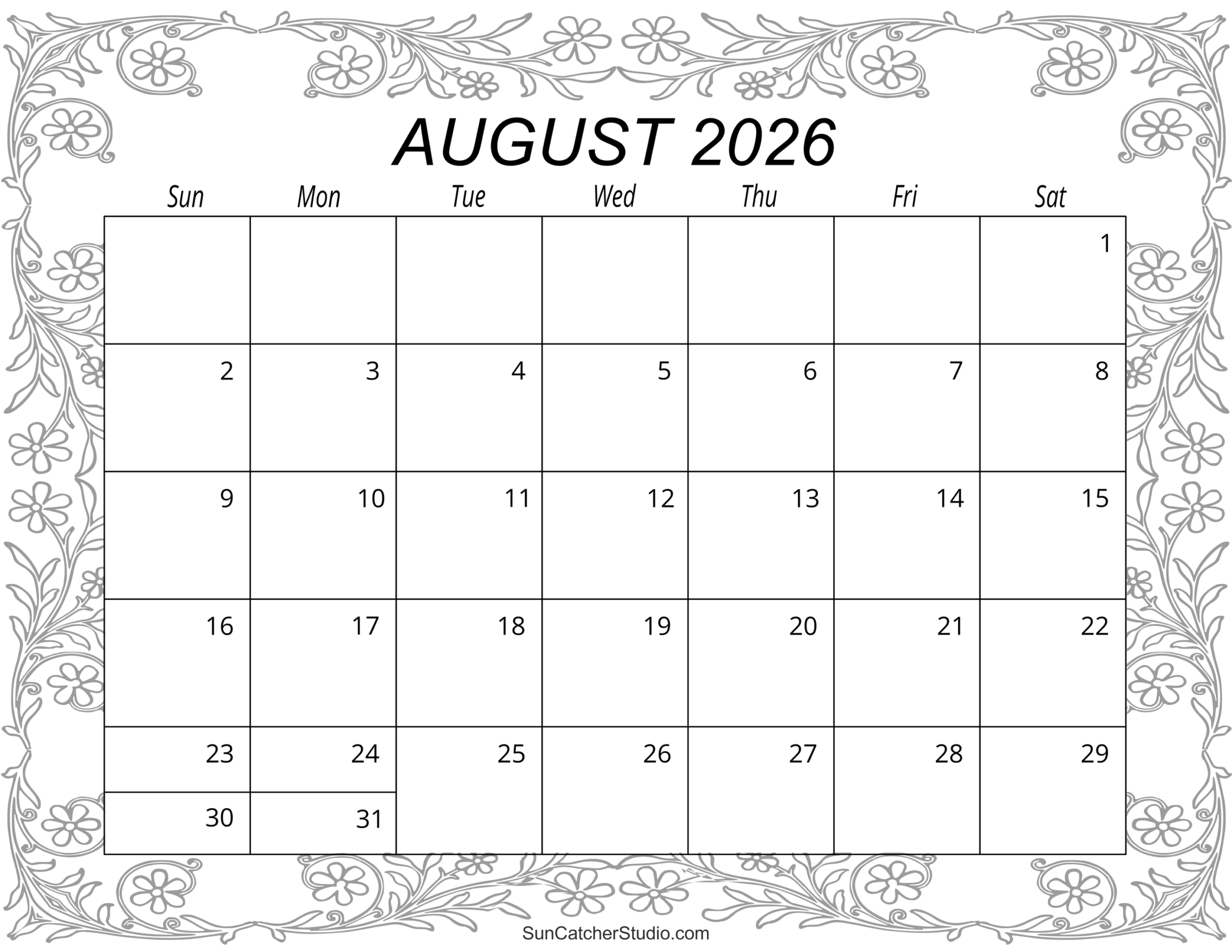Printable August 2026 Calendar