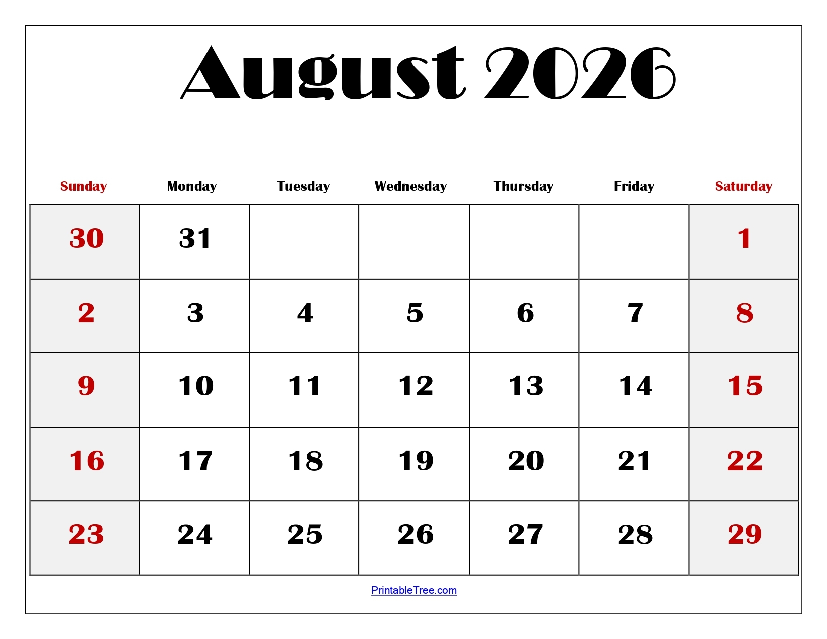 Blank August Calendar 2026 Printable Free