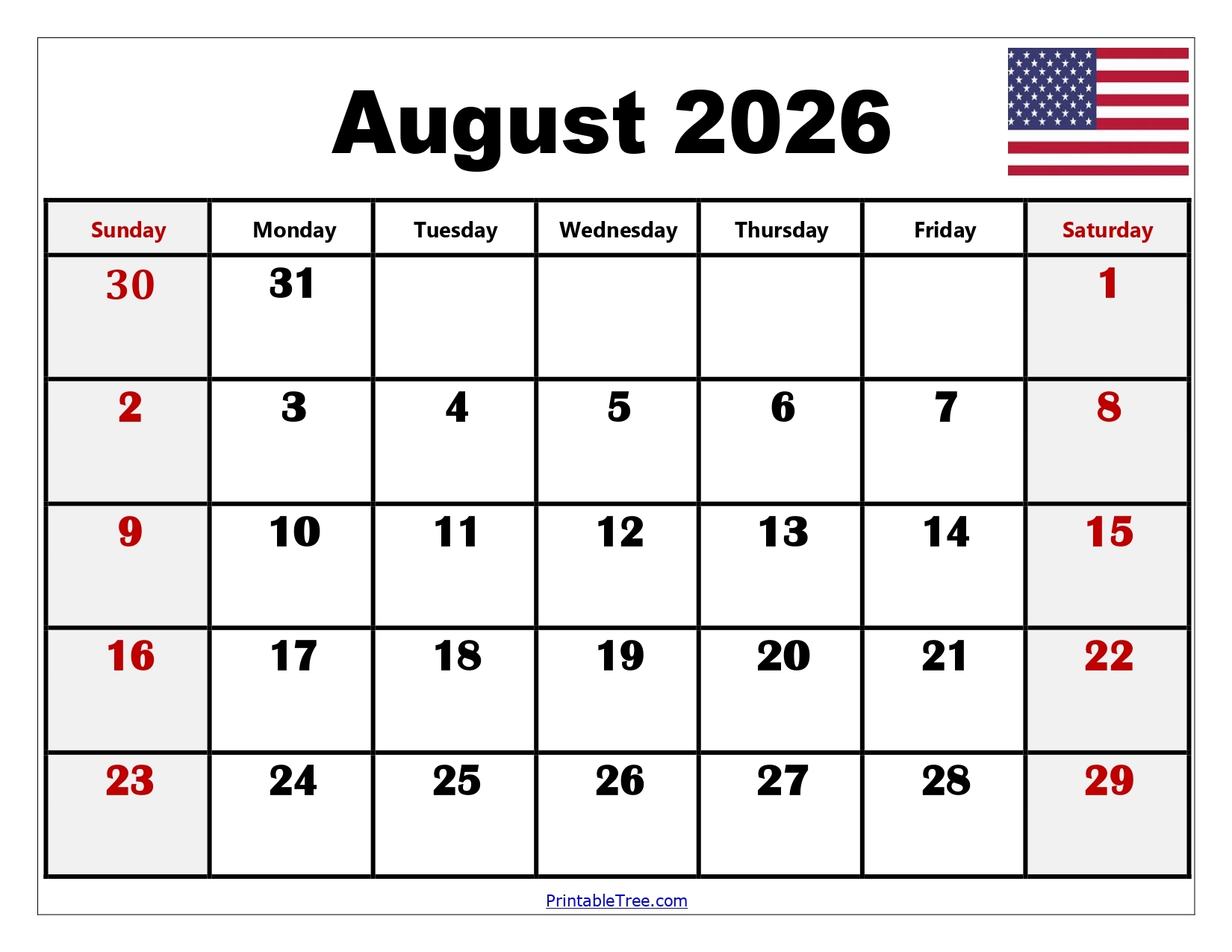 Printable Blank August 2026 Calendar