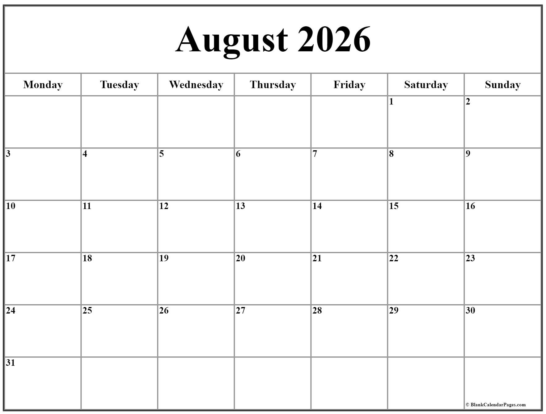 August 2026 Monday Calendar Monday To Sunday