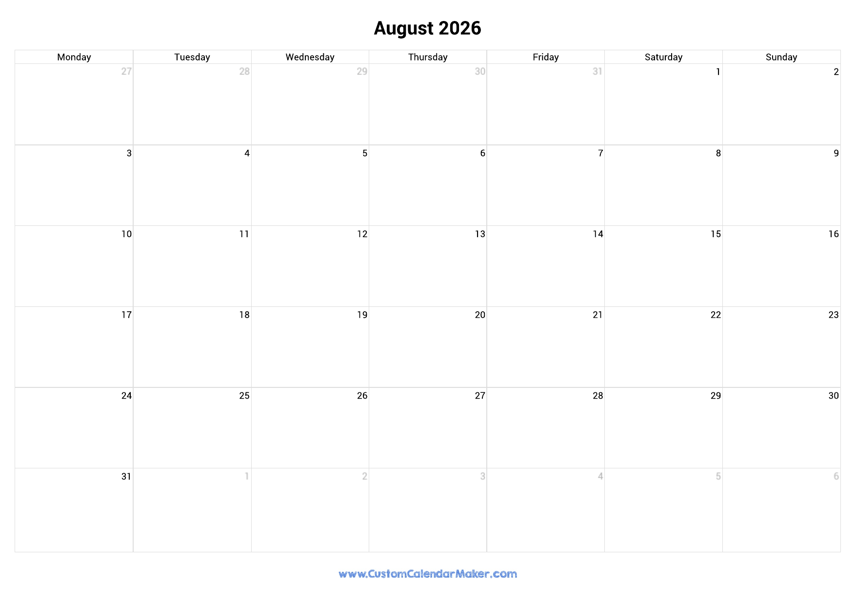 August 2026 Monday Start Calendar Monday To Sunday Custom 