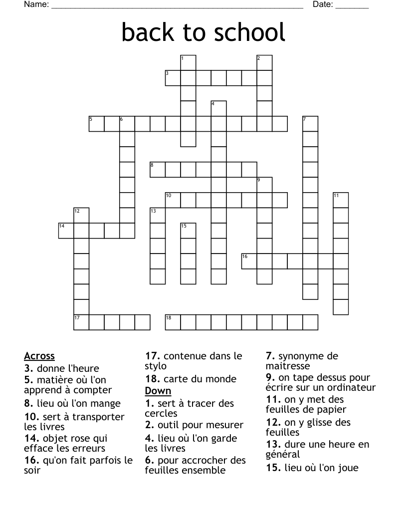 Back To School Crossword Puzzle Printable