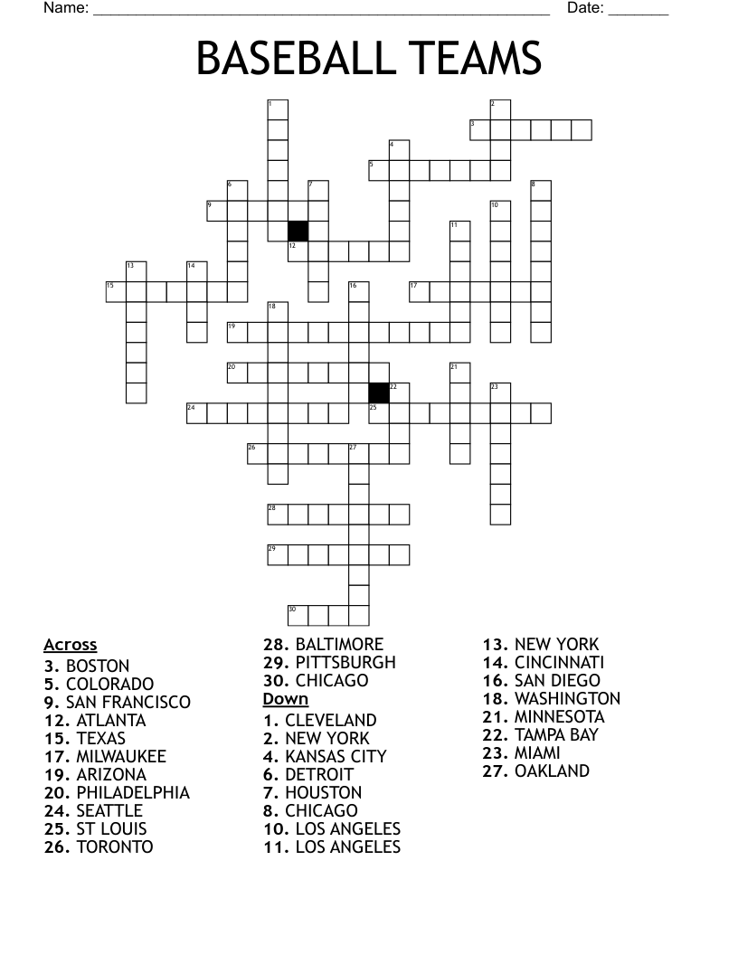 Easy Printable Baseball Crossword Puzzles