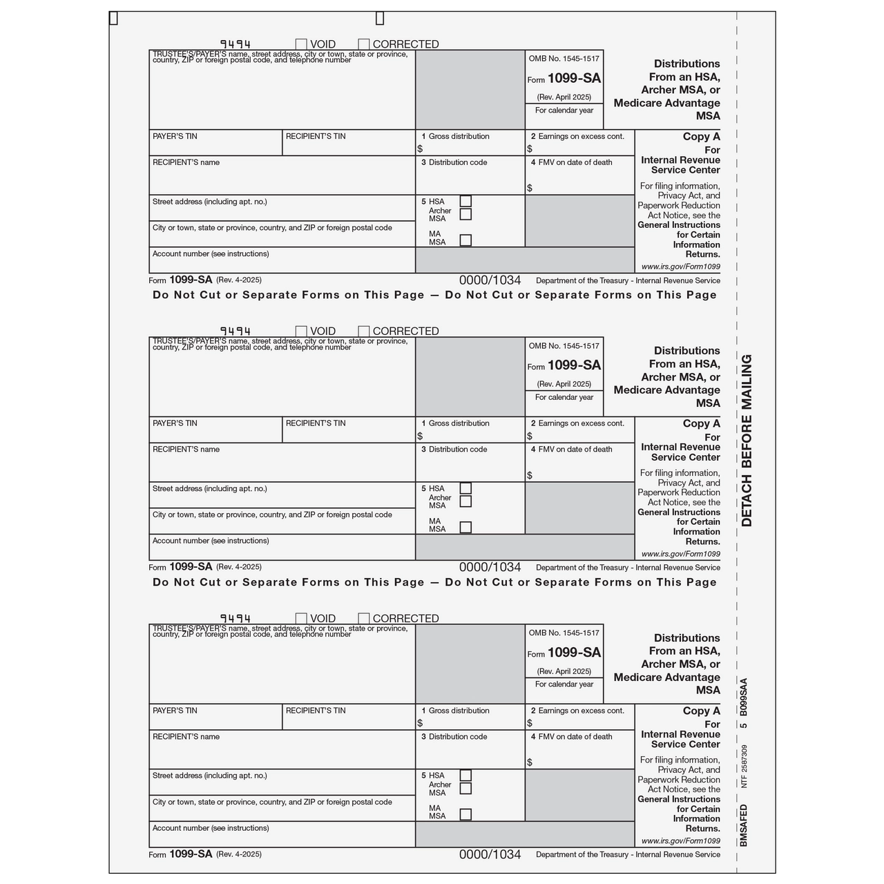 BMSAFED05 Form 1099 SA Distributions From An HSA Archer MSA Or Medicare Advantage MSA Copy A Federal