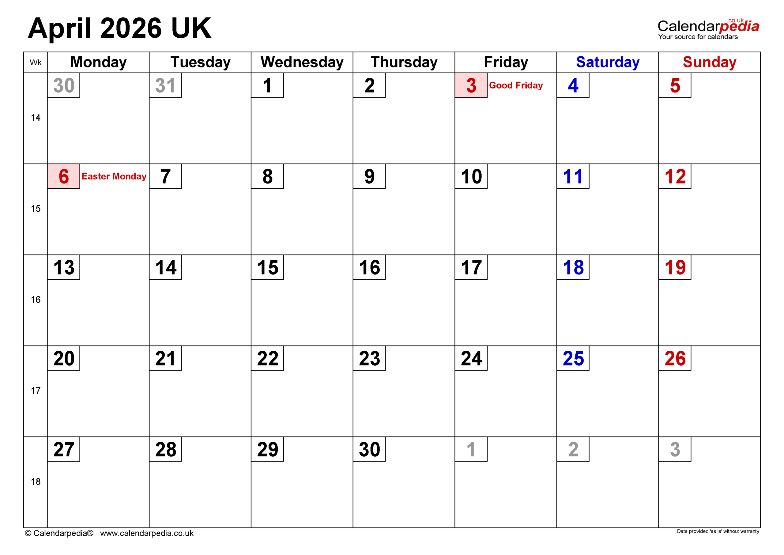 Calendar April 2026 UK With PDF Excel And Word Templates