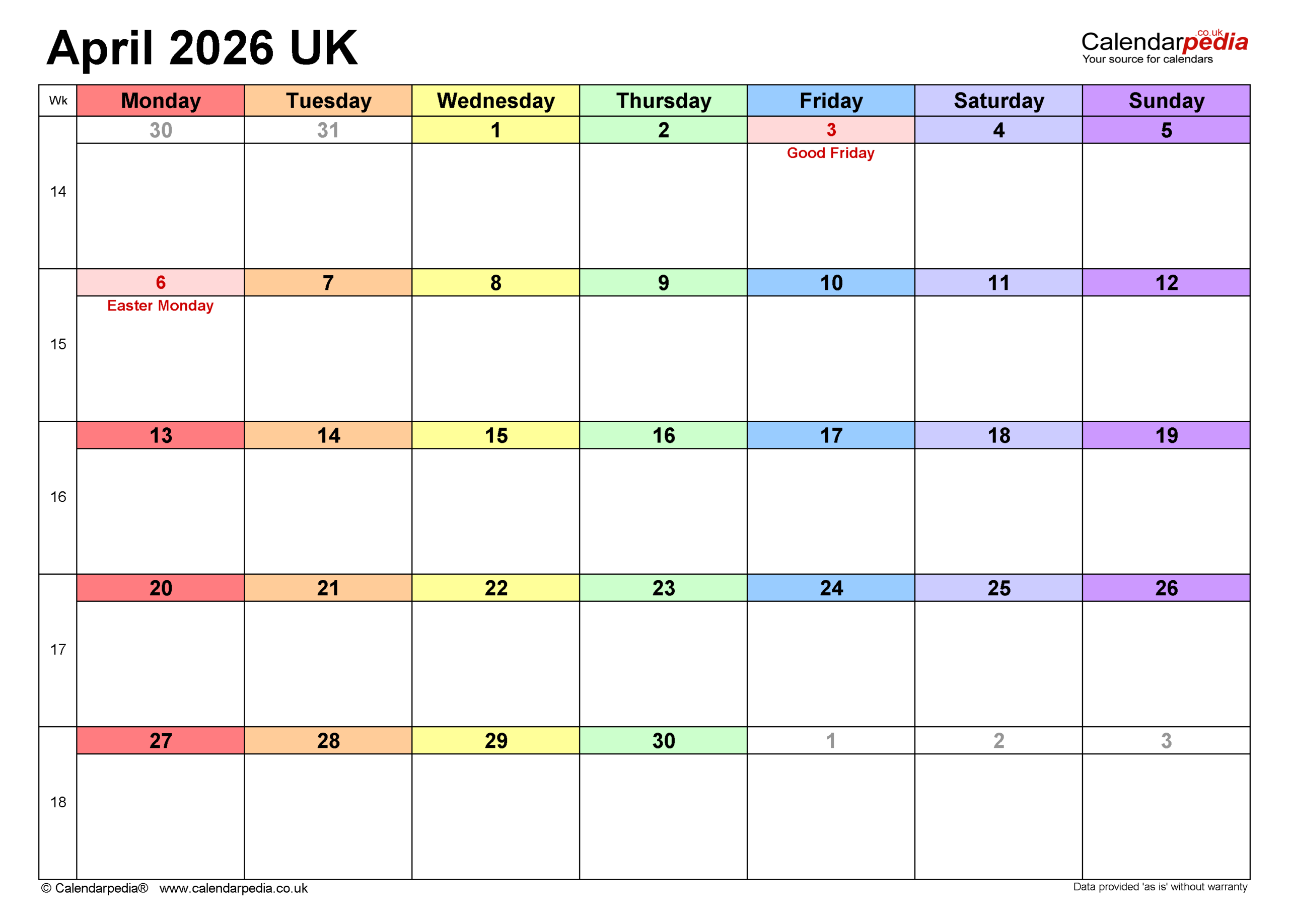 April 2026 Calendar Uk
