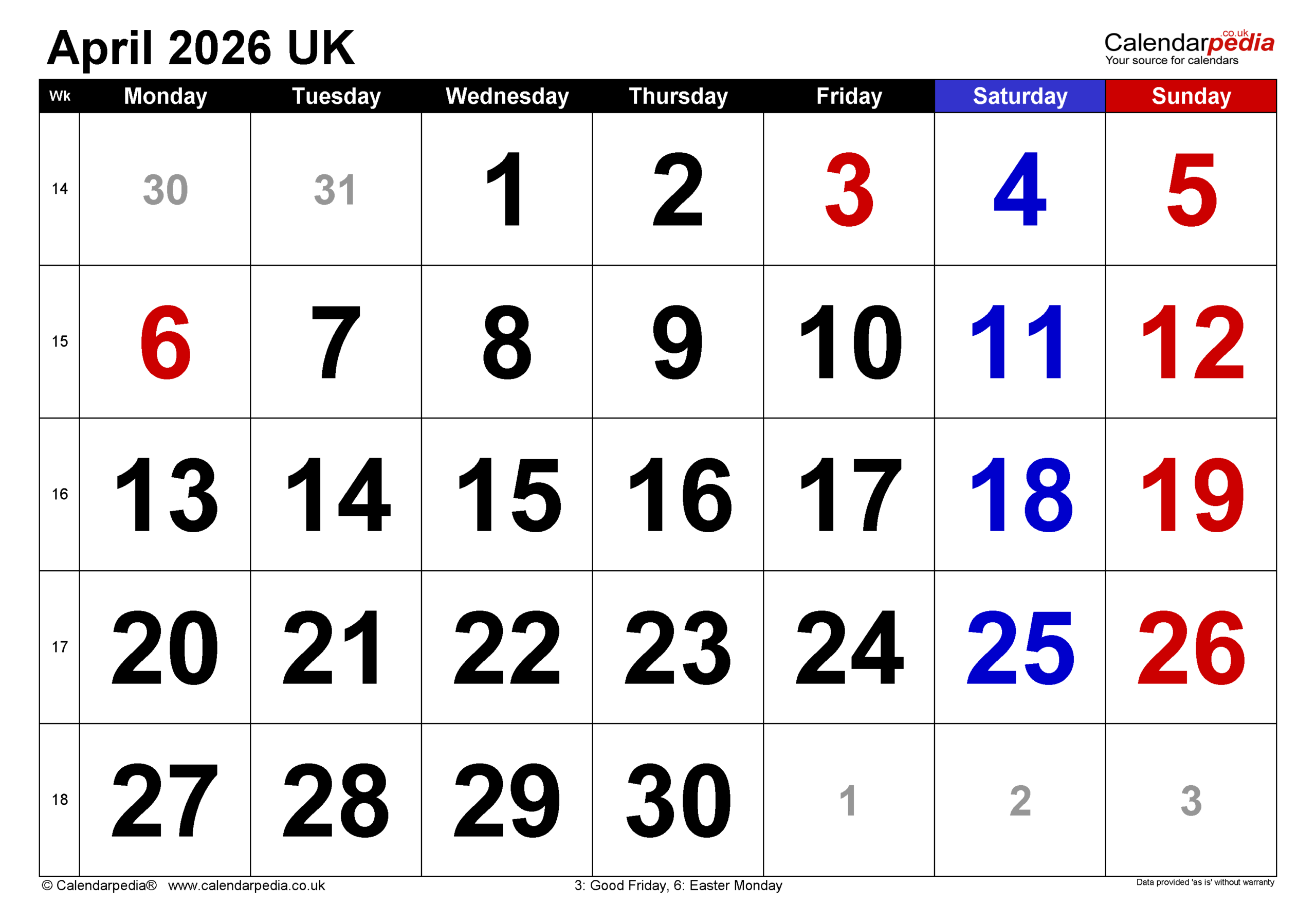Printable April 2026 Calendar