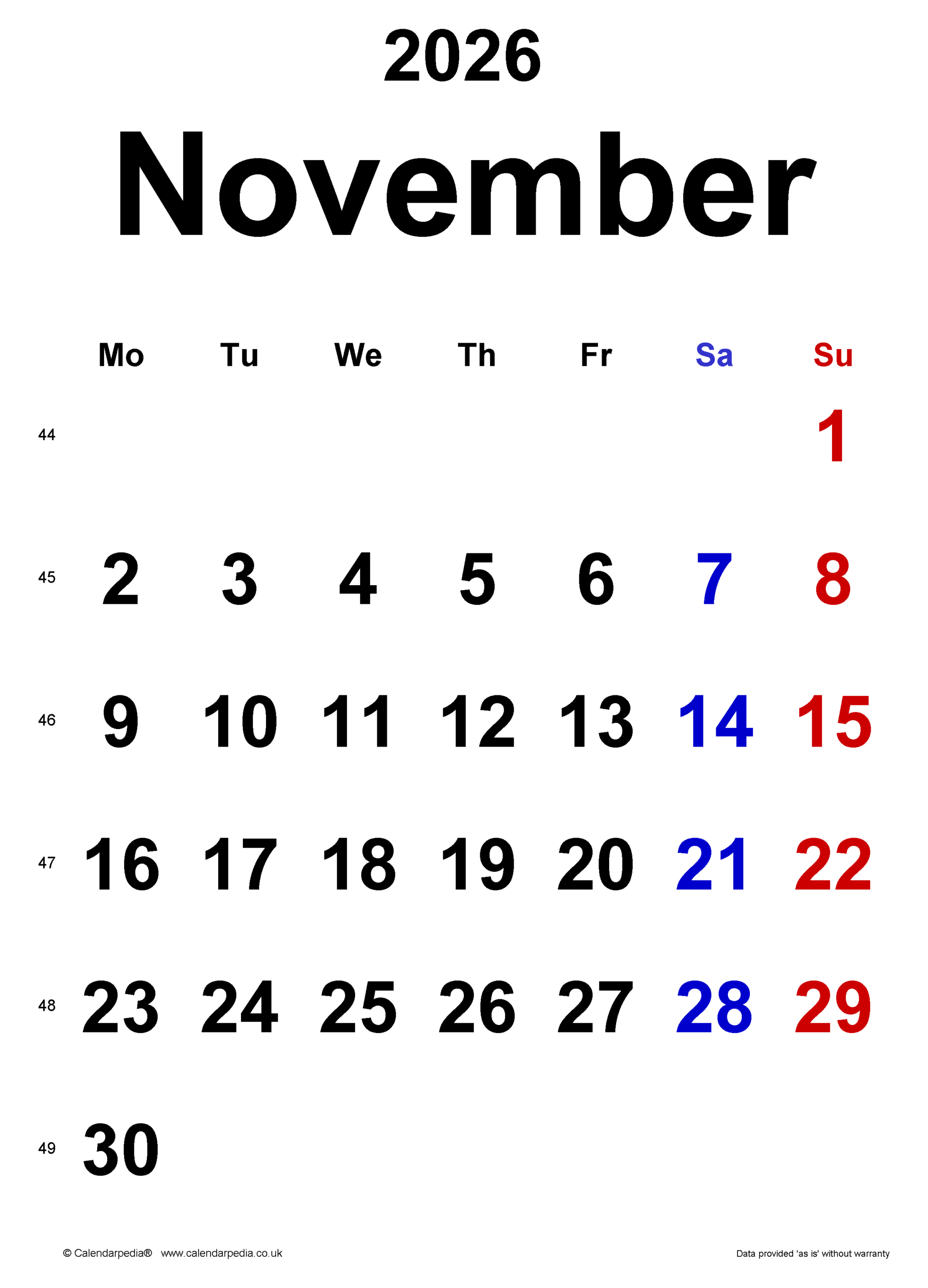 Calendar November 2026 Printable Portrait