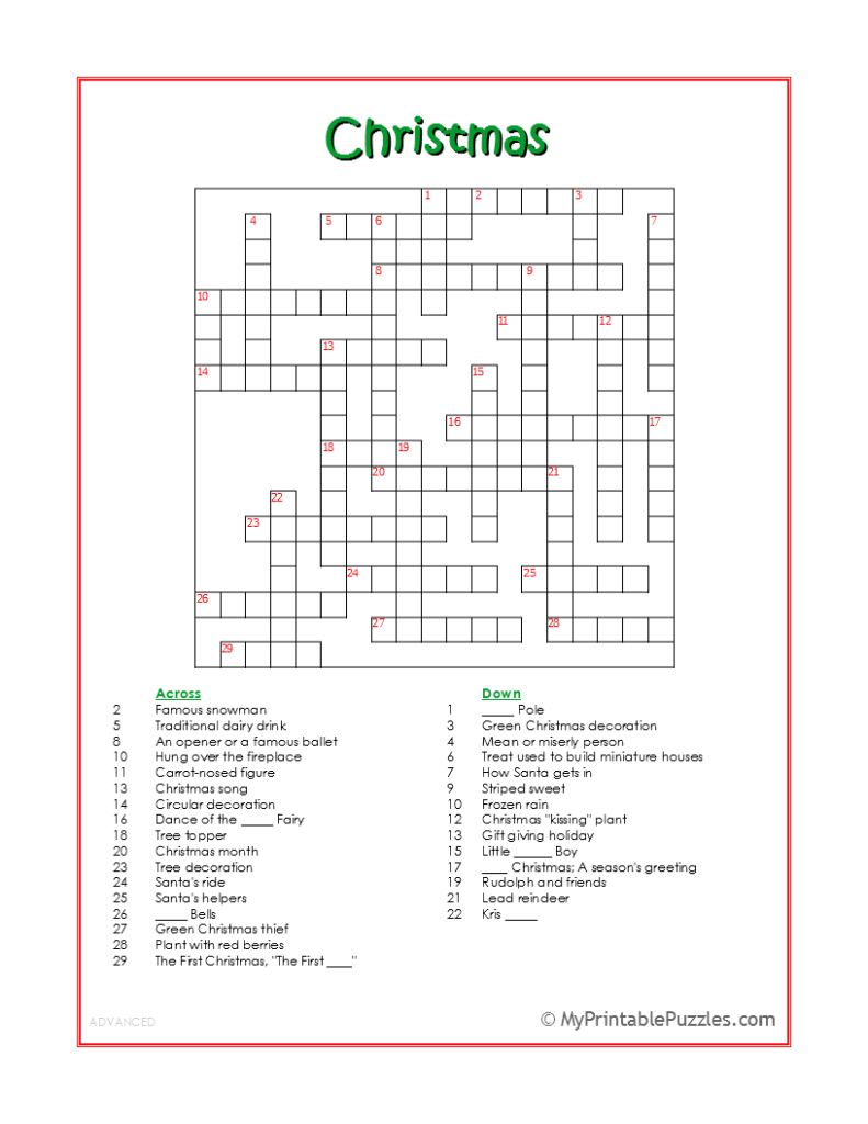 Christmas Crossword Printable Middle School