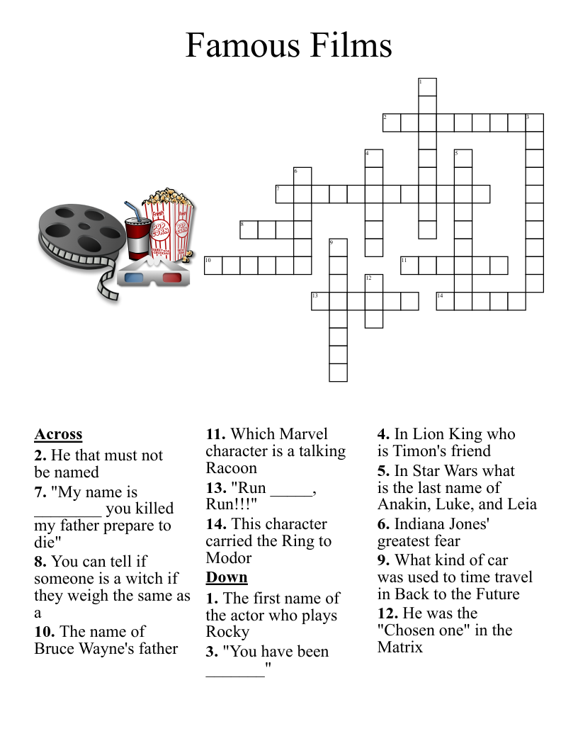 Movie Themed Crossword Puzzles Printable