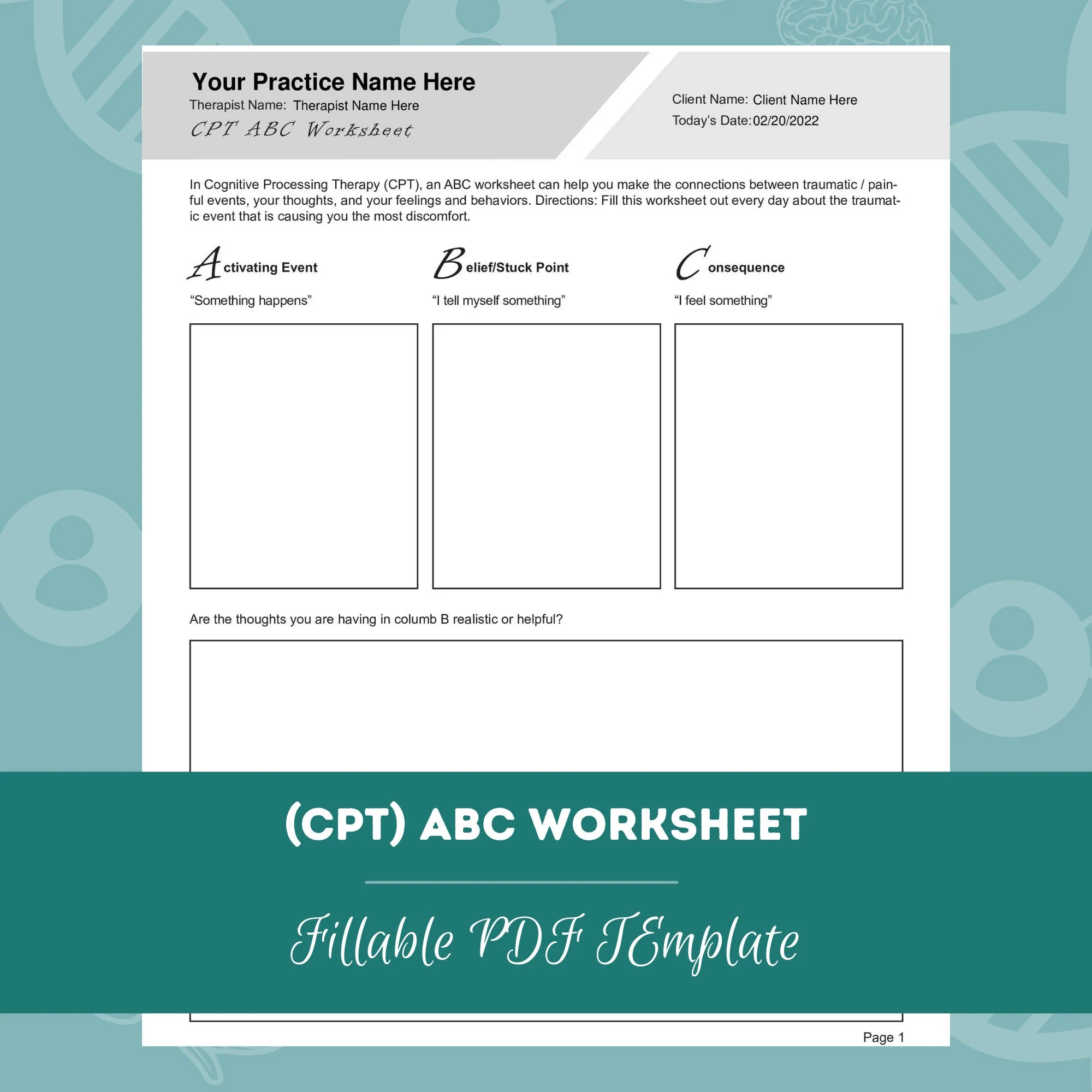 Cognitive Processing Therapy CPT ABC Worksheet Editable Fillable PDF For Counselors Psychologists Social Workers Therapists