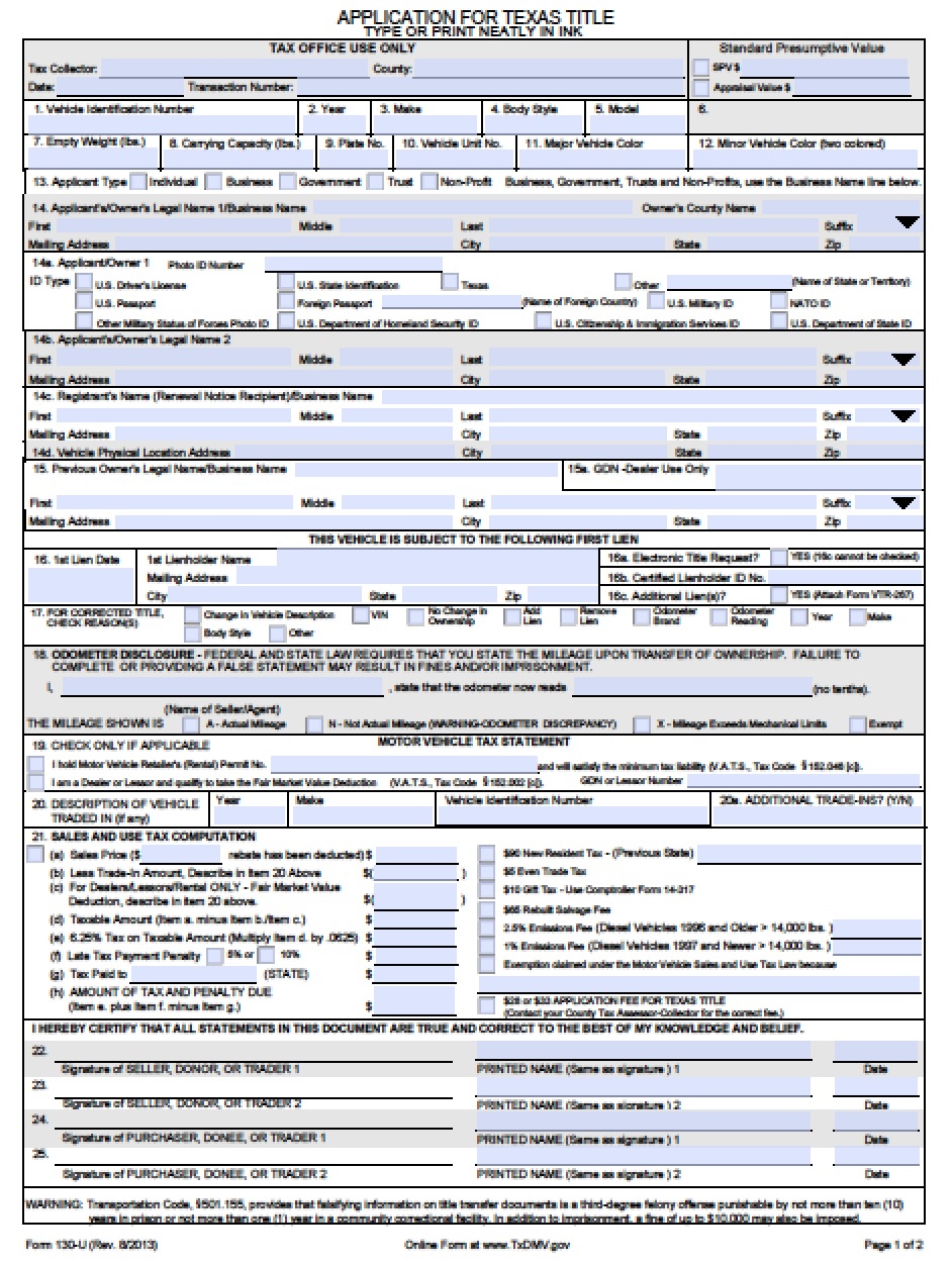 Form 130 U Texas Title Application Printable