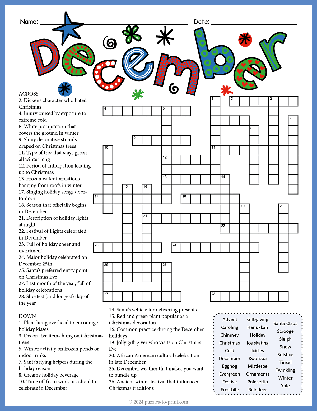 Printable Holiday Crossword Puzzles