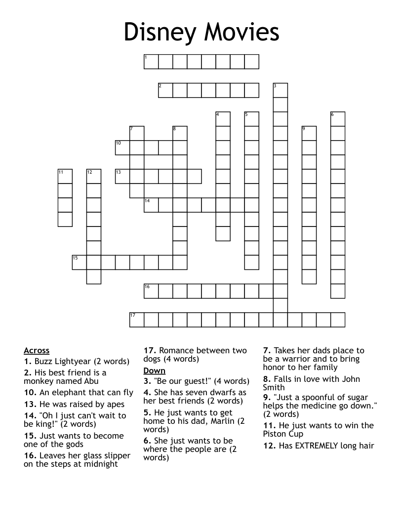 Easy Disney Crossword Puzzles Printable