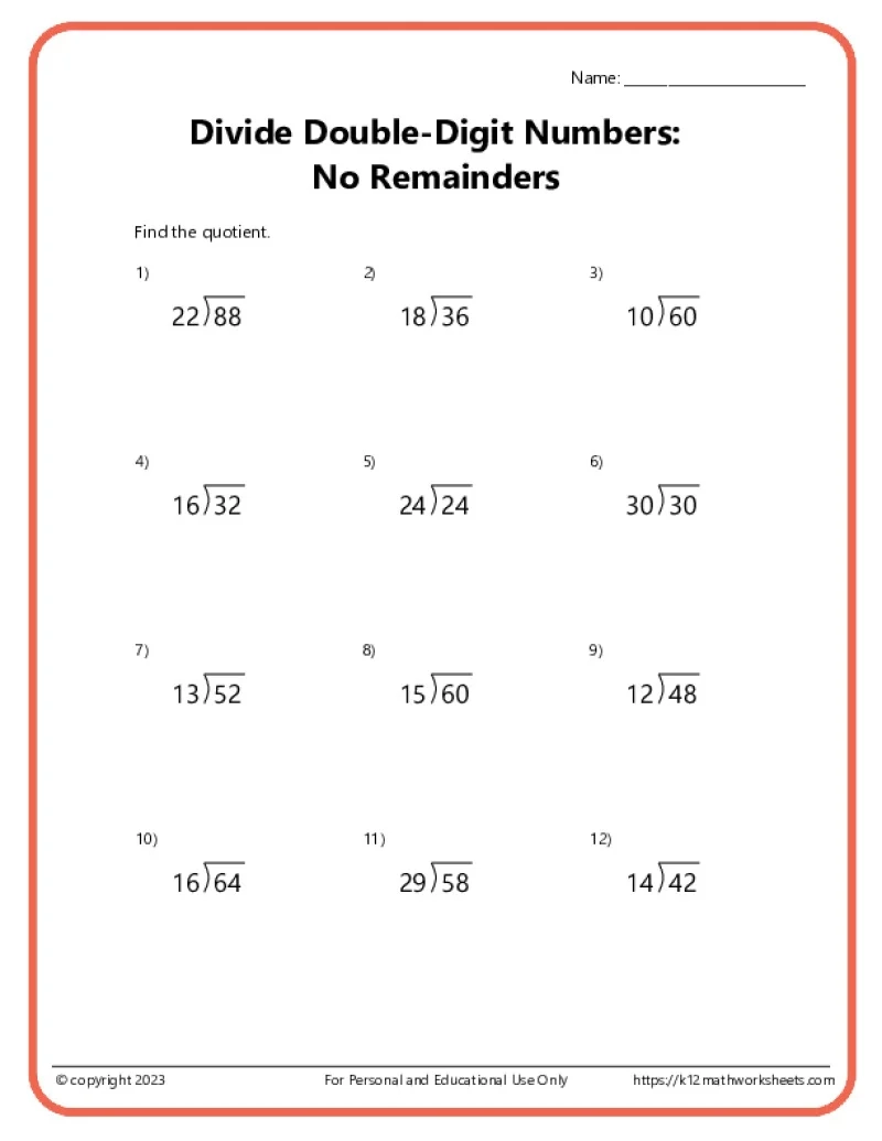 Division Printable Worksheets 4th Grade