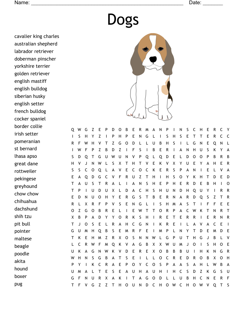 Dog Breed Word Search Printable Large Print