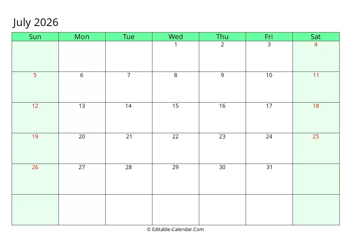 Blank July Calendar 2026 Editable