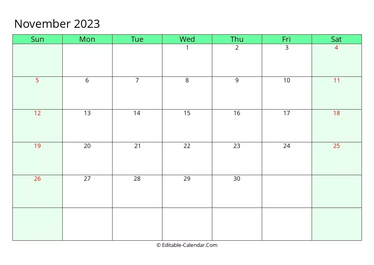 Editable Calendar November 2023 In Excel Word PDF