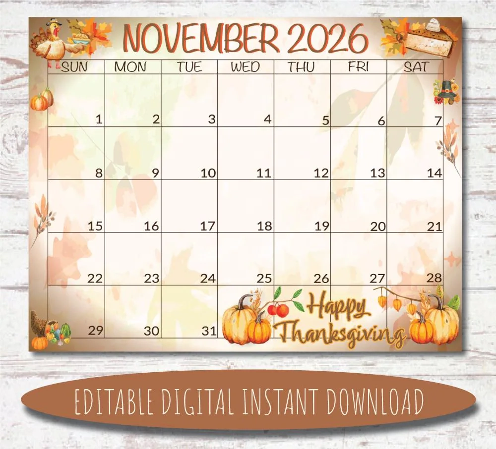 Editable November 2026 Calendar Digital Calendar Printable 