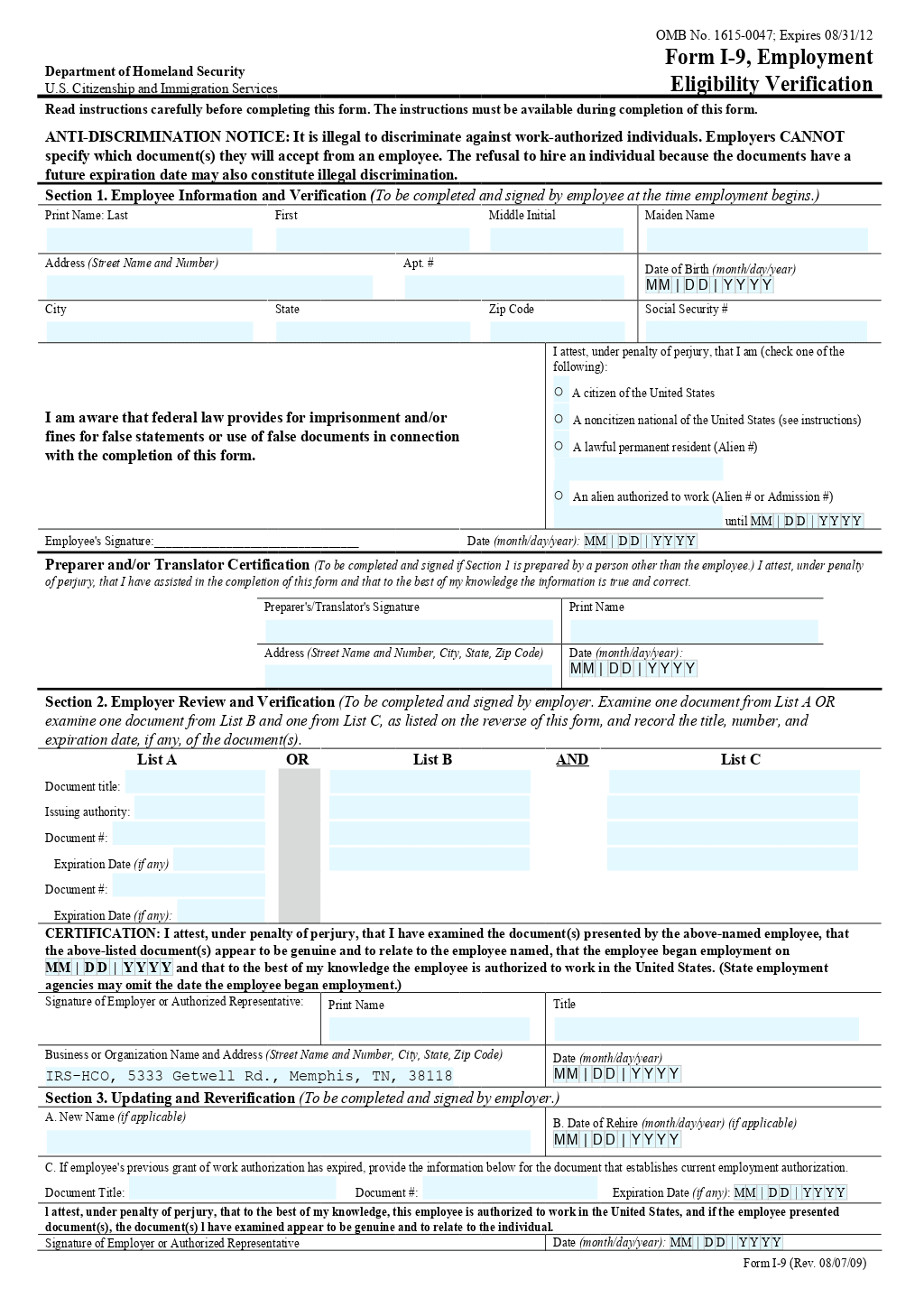 Irs Form I9 Printable