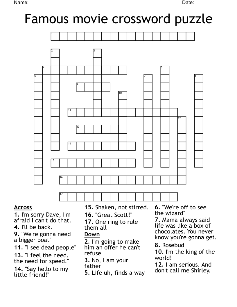 Movie Themed Crossword Puzzles Printable Free