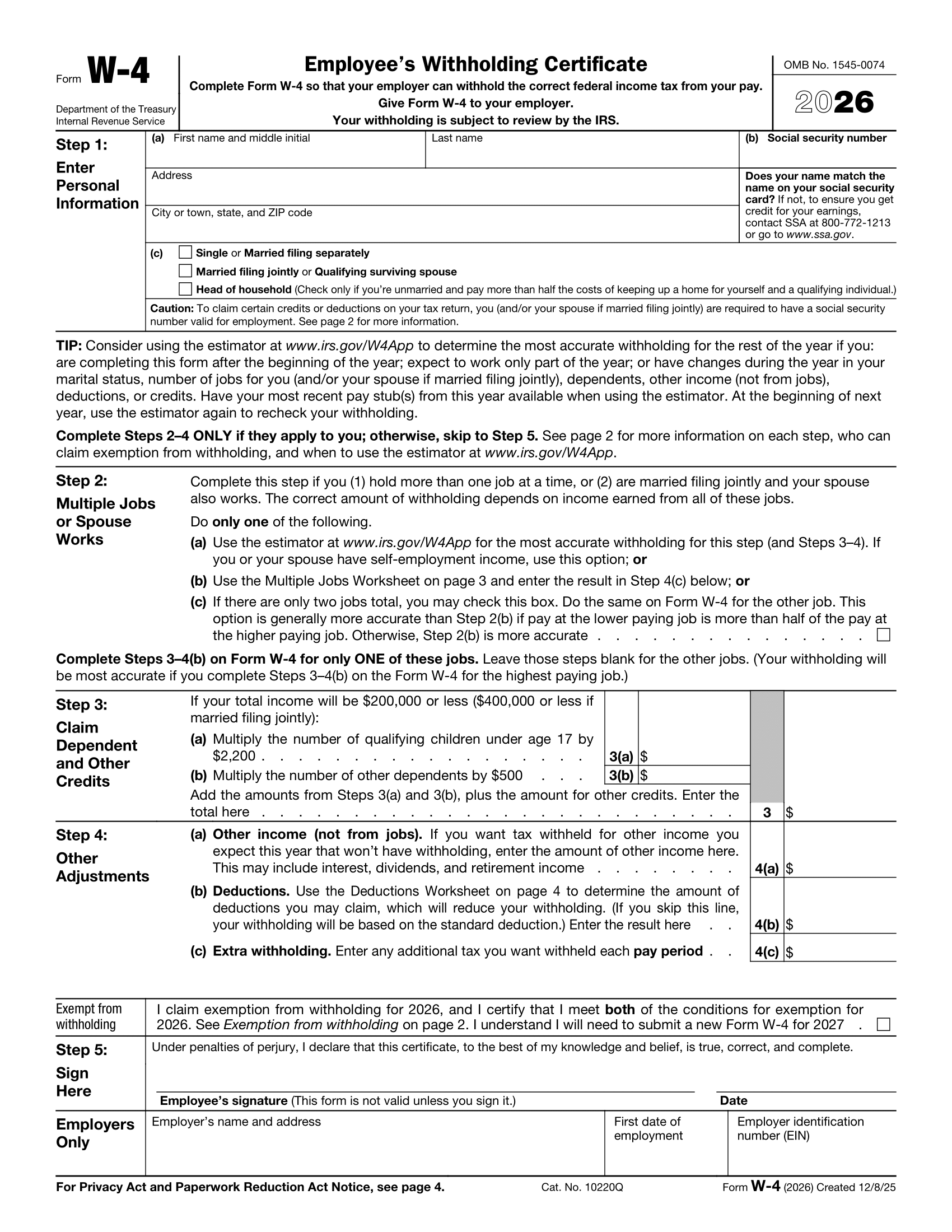 Fillable W 4 Form 2025 2026 Fill Out And Download As PDF