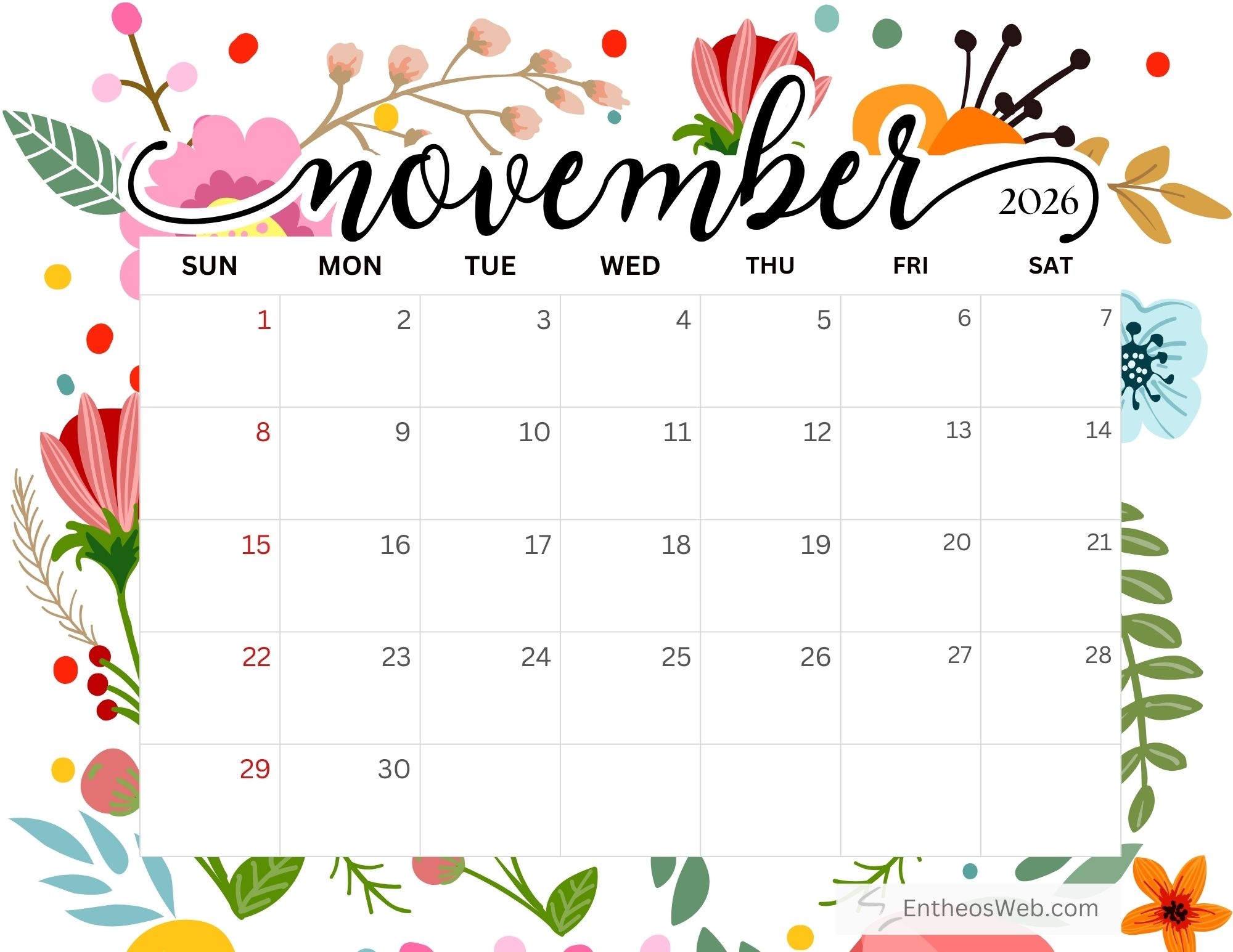 Floral 2026 Calendar Free Monthly Printables EntheosWeb