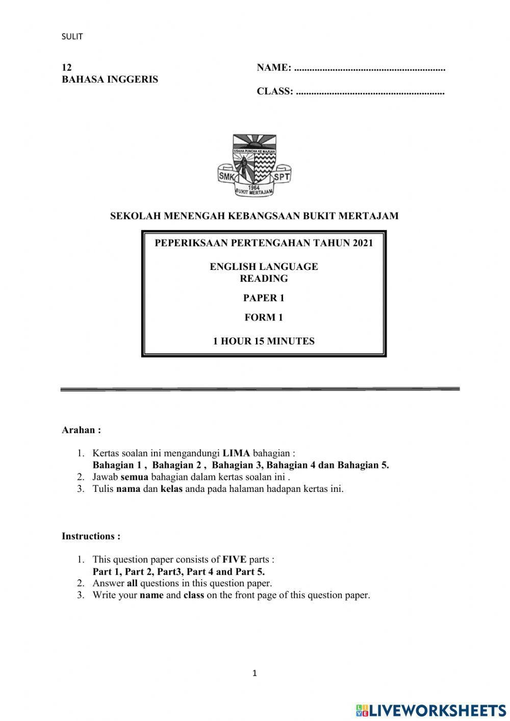 Form 1 2021 Mid Free Interactive Worksheets 1273568