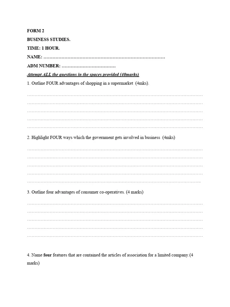 Form 2 Business Studies Mid Term 1 Examination PDF Financial 