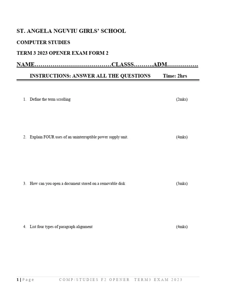 Form 2 Computer Studies Term 3 Exam PDF Computer Monitor Bios