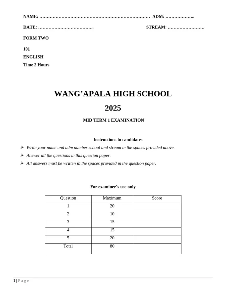 Form 2 English Mid Term 1 2025 PDF Detective