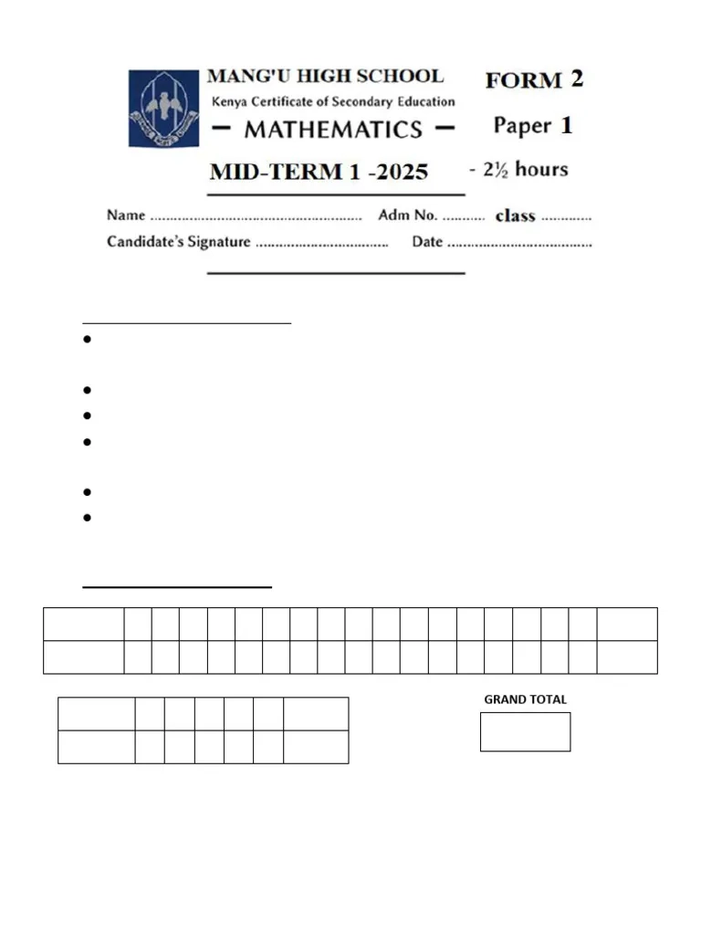 Form 2 Mid Term PDF Mathematics