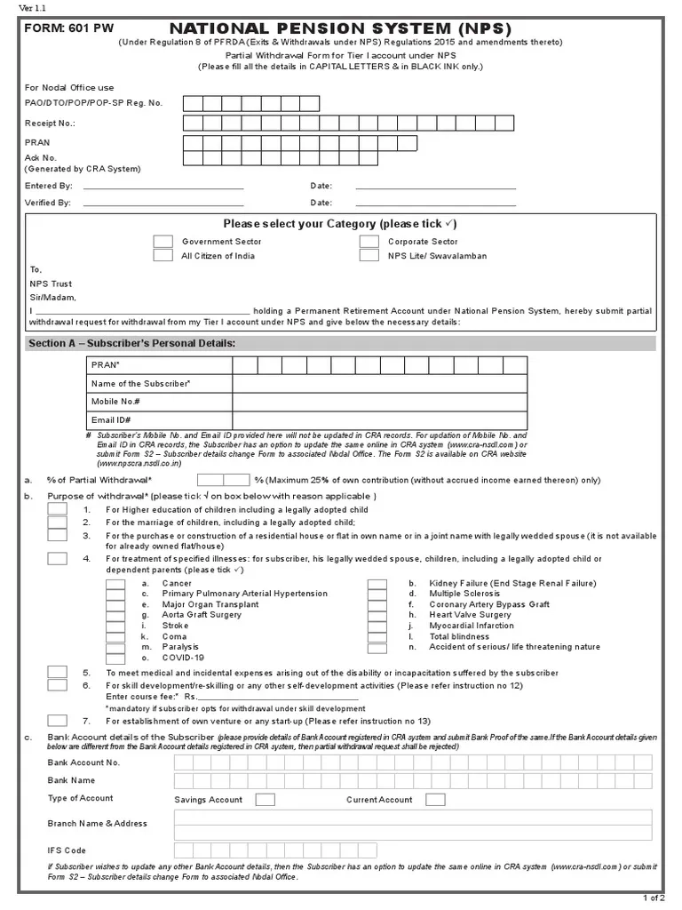 Form 601 Partial Withdrawal Under NPS PDF Banks Clinical 