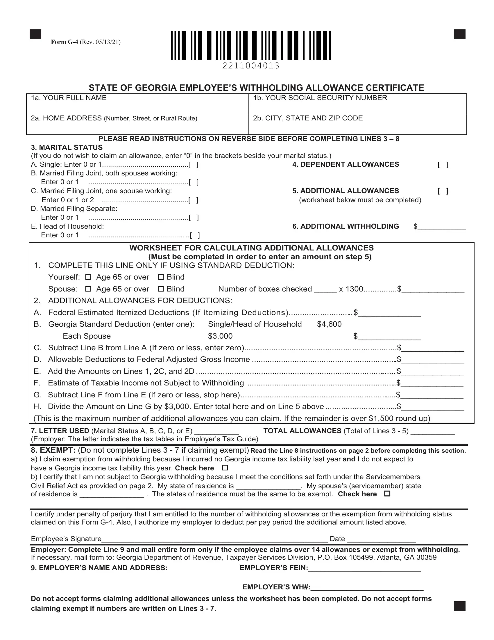 Form G 4 Georgia Fill Out Printable PDF Forms Online