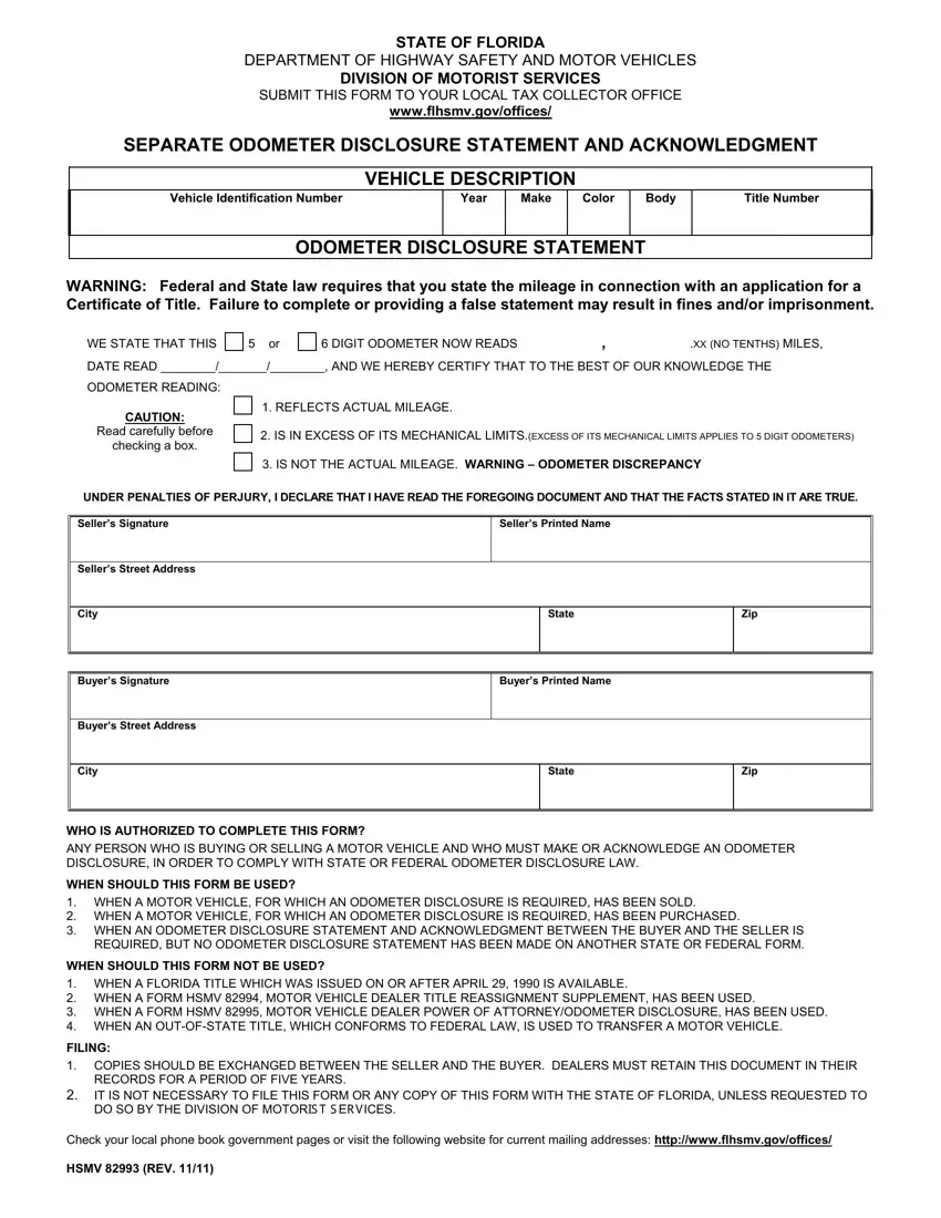 Form HSMV 82993 Florida Odometer Disclosure Statement