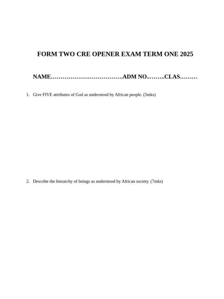 Form Two Cre Opener Exam Term One 2025 PDF