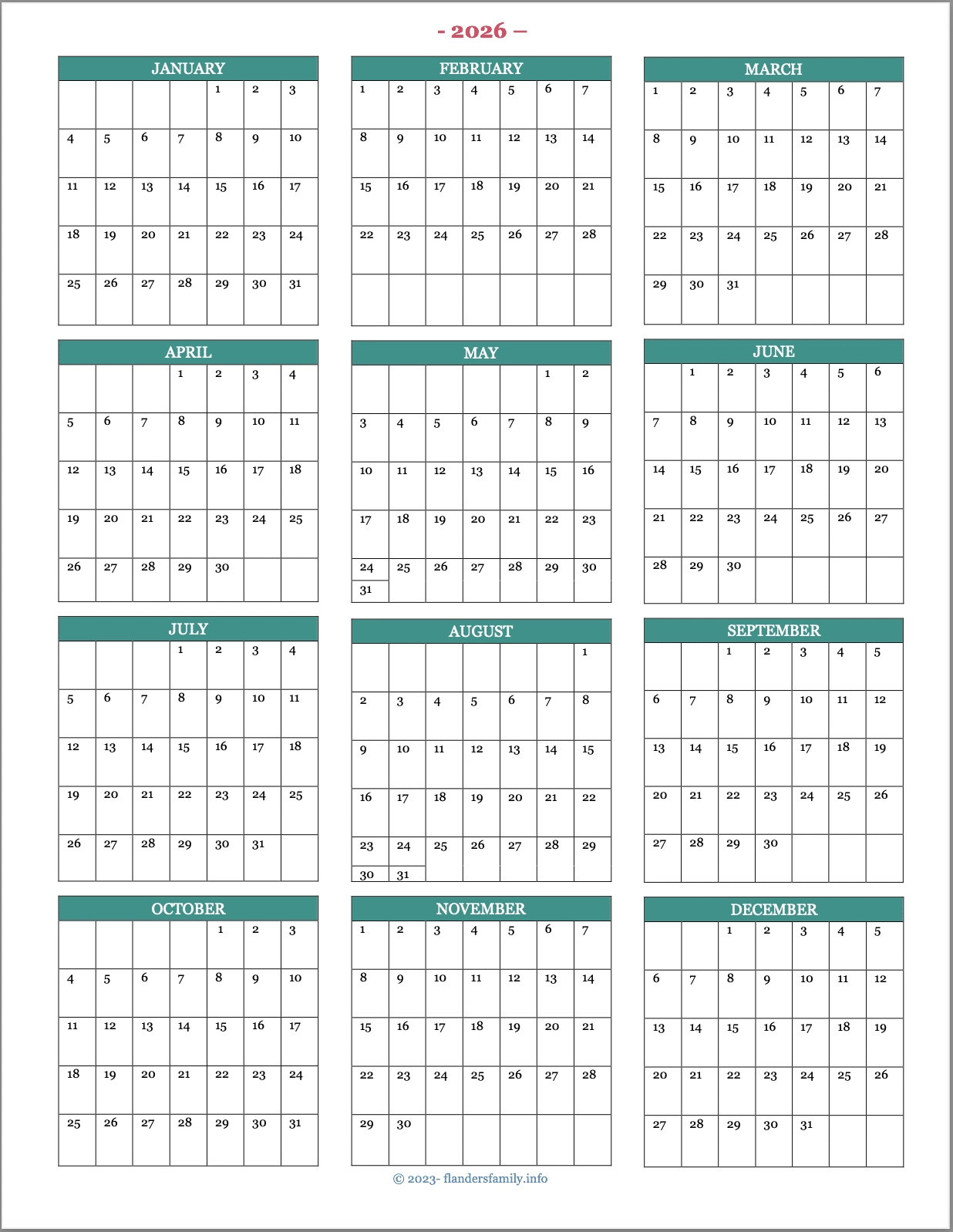 Blank Calendar Page Printable 2026