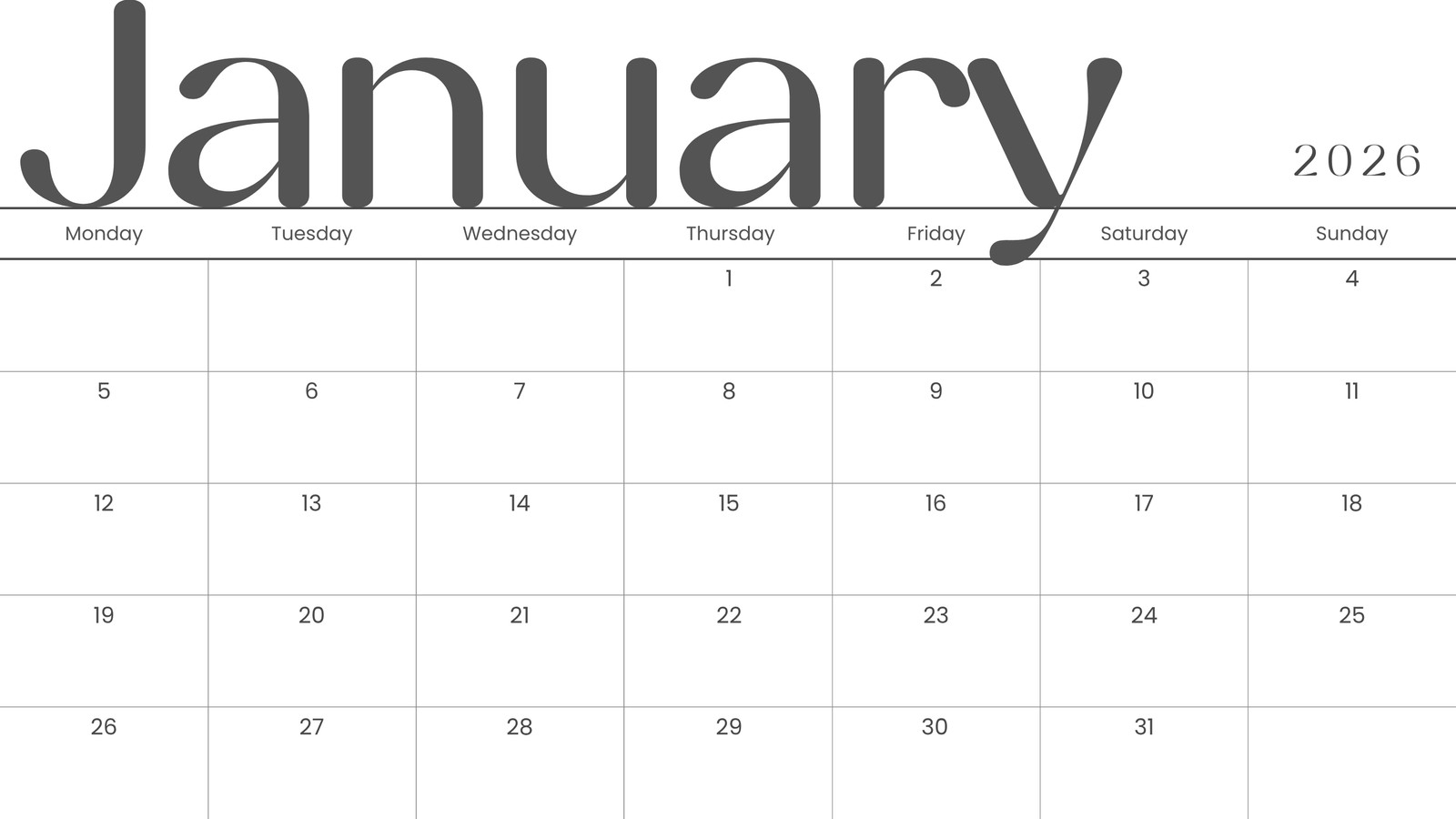Printable January Blank Calendar 2026