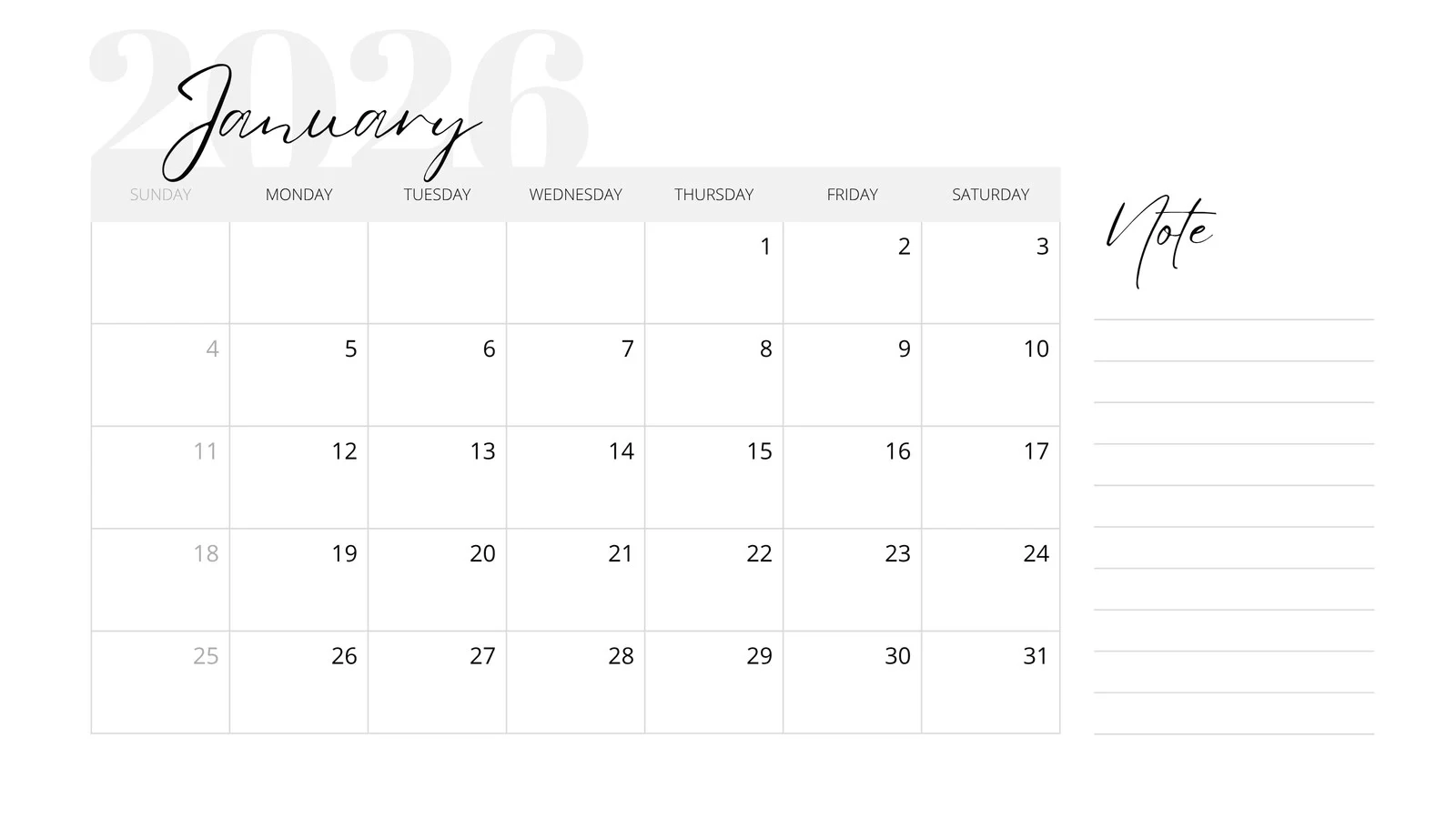 Blank Calendar Page Printables 2026
