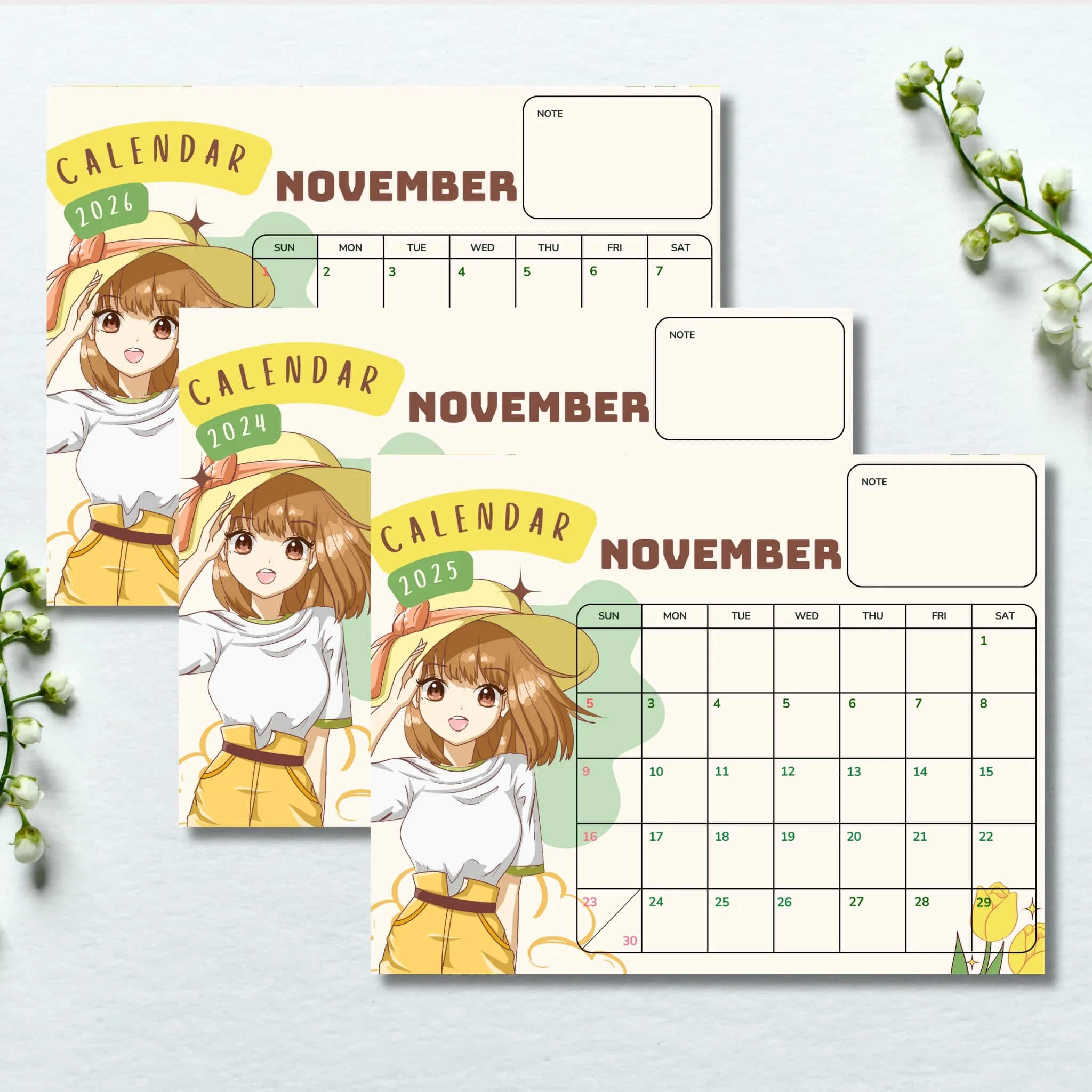  Free Anime Hand Drawn November Calendar 2024 2026 Yellow 