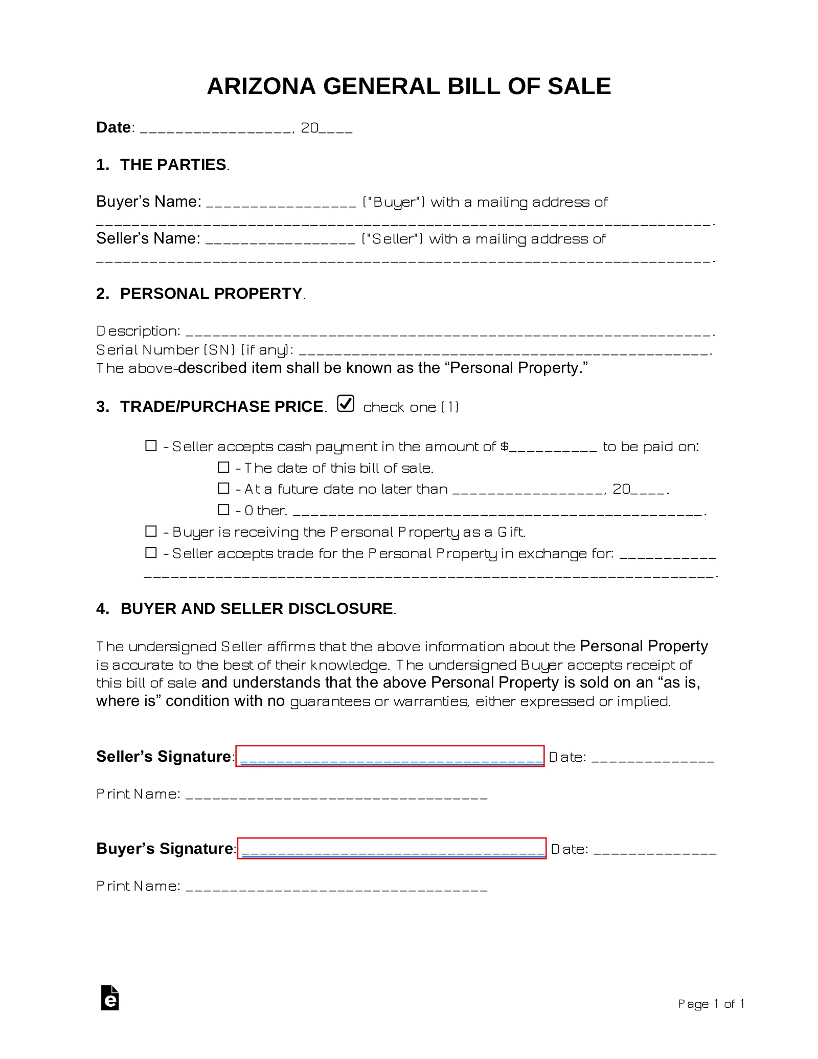 Bill Of Sale Form Printable Arizona