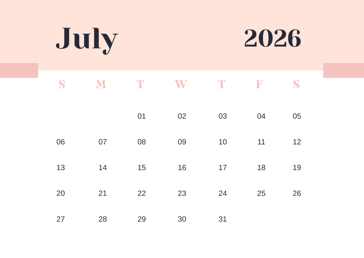 Free Blank July 2026 Calendar Template To Edit Online