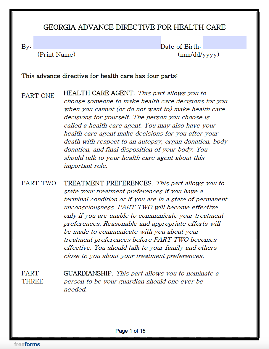 Free Georgia Advance Directive Form Medical POA amp Living Will PDF