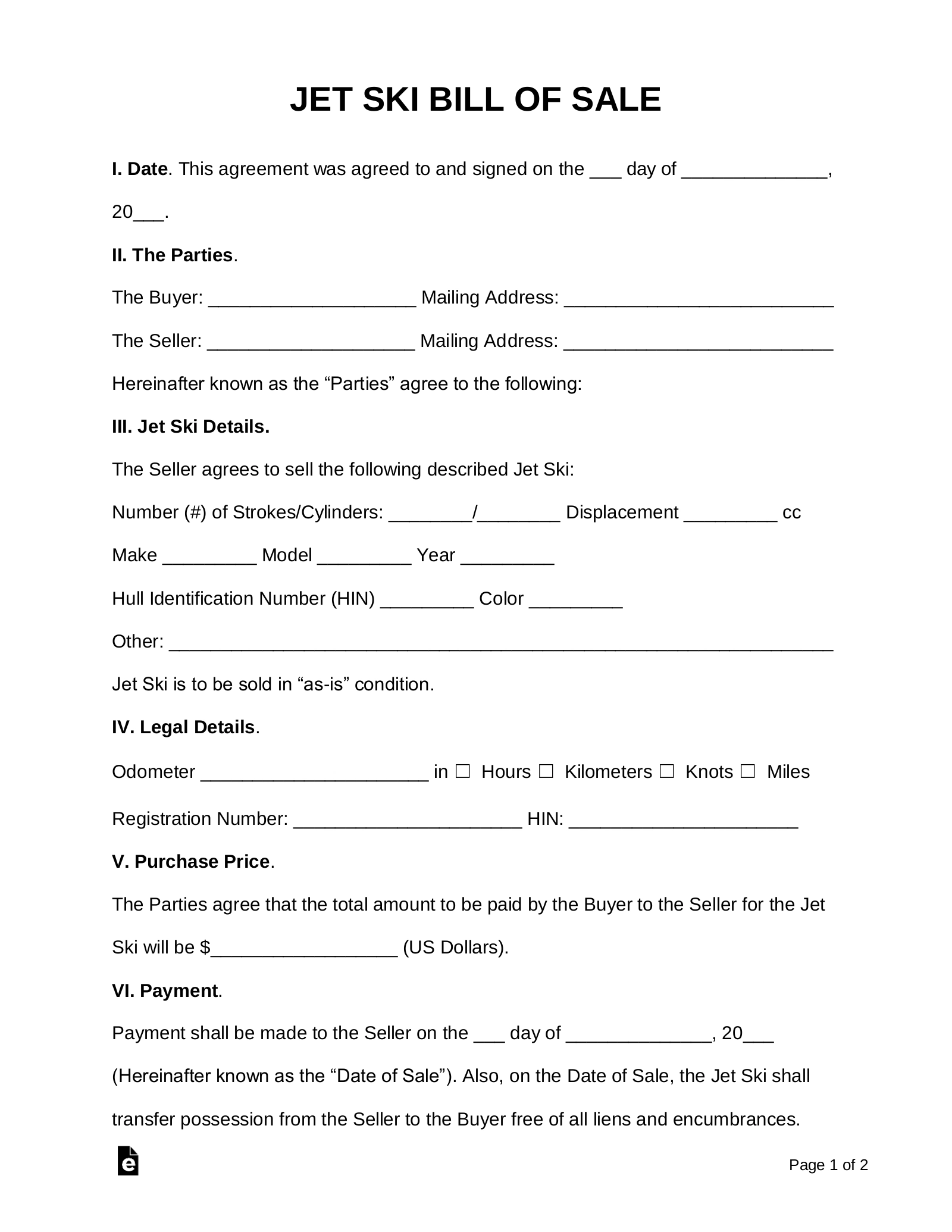 Free Jet Ski Bill Of Sale Form PDF Word EForms